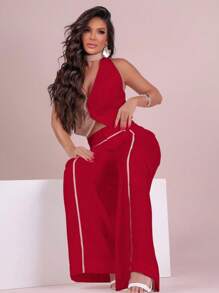WOMEN'S SET ELEGANT CLASSIC VEST WIDE LEG CARGO PANTS - 紅木色 - 查看 3