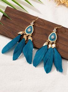 复古羽毛流苏耳环，波西米亚风长蓝色耳环 - 淺藍色 - 查看 1