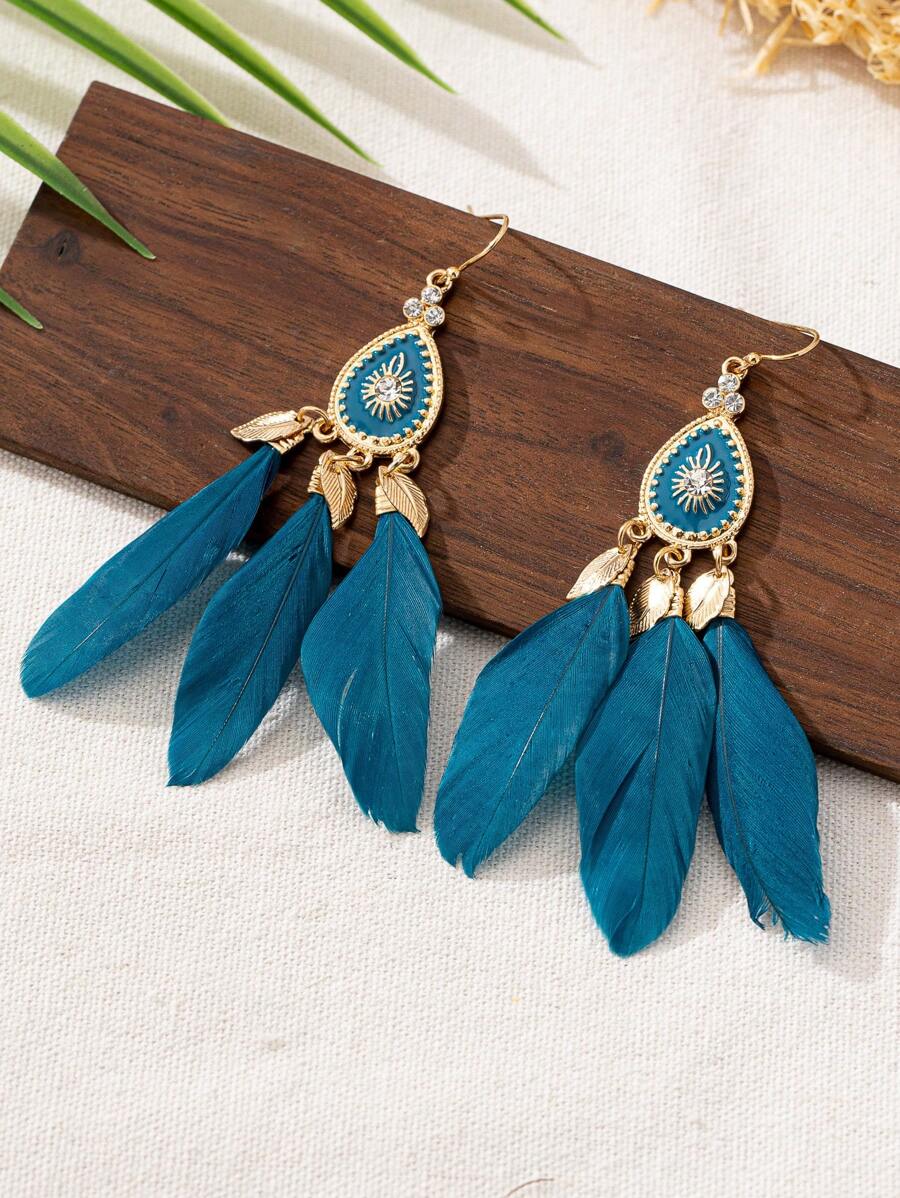 复古羽毛流苏耳环，波西米亚风长蓝色耳环 - 淺藍色 - 查看 1