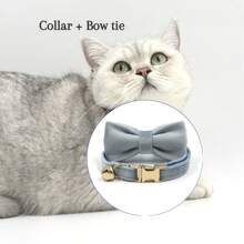 Customized: Luxury Velvet Sky Blue Personalized Cat Collar Bow Tie Leash Set, Customized Cat/Dog Name Tag, Comes With Golden Bell, Pet Engraved Gift - Multicolor - View 18