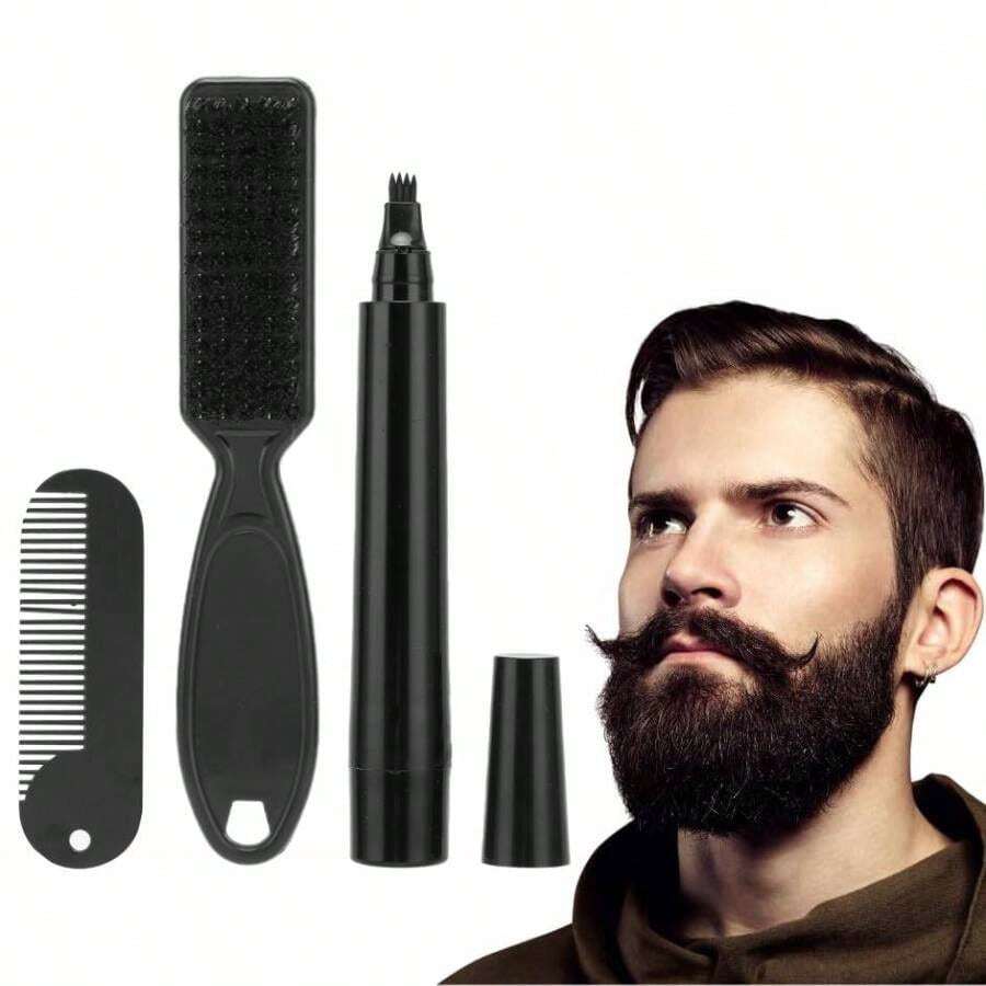 Beard Pen Filler Kit, Waterproof, Long-Lasting Coverage And Natural Finish For Beard, Mustache And Eyebrows, Micro Tip For Smooth Application, Bristle Brush Included, Barber Accessories - 黑色 - 查看 1