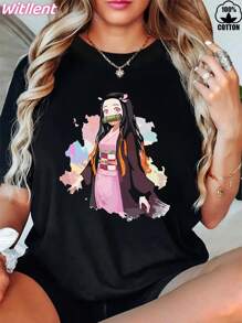 Witllent Women's 100% Cotton Nezuko Kawaï Pose 2 T-Shirt, Women's Christmas 220g Heavy Cotton T-Shirt (1 PC)