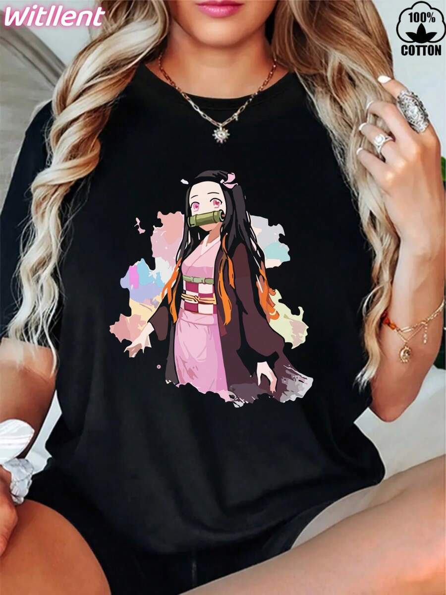 Witllent Women's 100% Cotton Nezuko Kawaï Pose 2 T-Shirt, Women's Christmas 220g Heavy Cotton T-Shirt (1 PC)