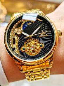 1 件豪华复古金色陀飞轮镂空自动机械表月相夜光指针不锈钢表带顶级品牌商务休闲男士手表礼物 - 金色 - 查看 7
