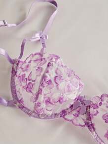 Style Dream 2pcs Women Purple Floral Embroidery Mesh Lace Lingerie Set, Fashion See-Through Tied Design Nightwear Underwear For Valentine's Day Ultrathin Bra - Purple - View 6