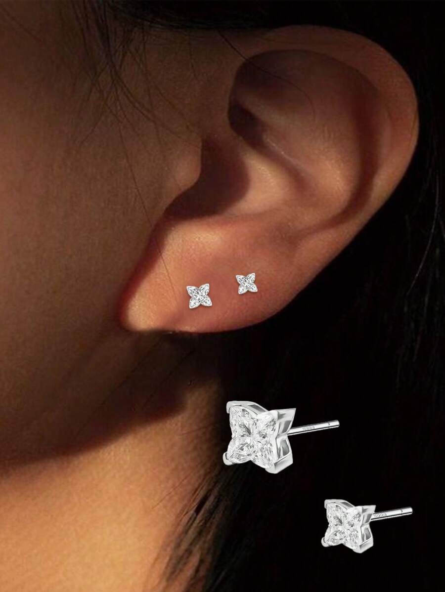 FOREVER QUEEN 1PC Bông tai đinh tán cỏ ba lá bạc Sterling 925 dành cho phụ nữ, Bông tai cỏ ba lá may mắn cổ điển thời trang