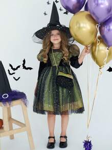 Vestido de bruja de Halloween elegante y brillante con bolso a juego para niñas, ideal para fotos y fiestas del Día de Brujas, vestido otoñal de otoño - Verde - Ver 1