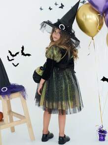 Vestido de bruja de Halloween elegante y brillante con bolso a juego para niñas, ideal para fotos y fiestas del Día de Brujas, vestido otoñal de otoño - Verde - Ver 2