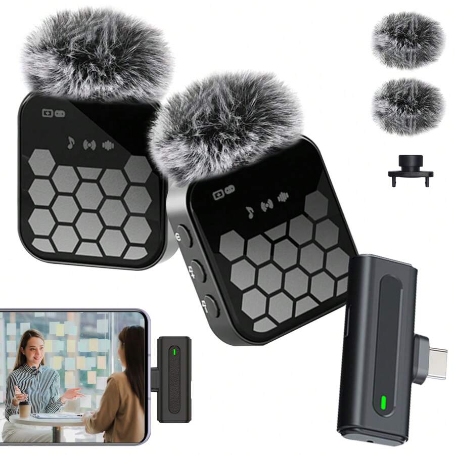 Wireless Lavalier Lapel Microphone Compatible With Iphone TypeC Android Camera Plug-Play,Professional Noise Reduction Recording Clip Mic For Creator Interview - Black - View 1