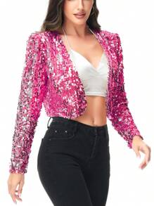 Womens Shiny Sequin Long Sleeve Glitter Cropped Blazer Bolero Shrug - Màu Hoa hồng đỏ - Xem 1