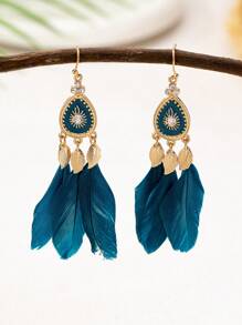 复古羽毛流苏耳环，波西米亚风长蓝色耳环 - 淺藍色 - 查看 2