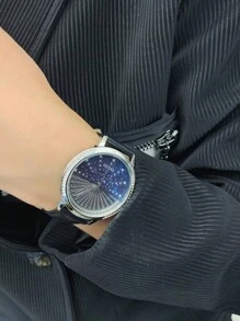 Guess Ladies Quarz Round Watch Dual Tone Galaxy Dial Black Leather Strap Business Casual Fashion Ladies Watch Luxury Elegant Valentine Gift GW0377L1