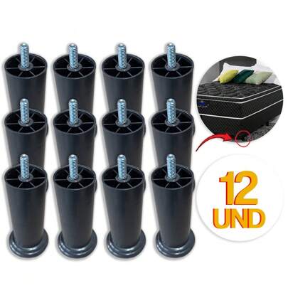 Kit 12 Pés de Cama Box 12cm Cabeceira Pezinho Plástico PU Com Parafuso Resistente