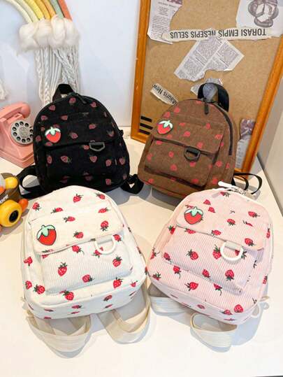 1件套封闭时尚日系灯芯绒条纹清新简约学院风草莓图案背包，韩版原宿印花小背包适合所有场合，舒适可调节肩带，百搭不挑剔，适合户外、游玩、通勤使用，是送给朋友的完美礼物