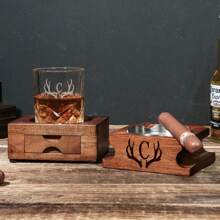 Personalized Whiskey & Cigar Tray Glass Holder Ashtray Whiskey, 2 In 1 Wooden Cigar Ashtray With Whiskey Glass Holder, Great Gifts For Men