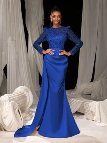 Faeriesty Women's Elegant Shiny Sequin Mermaid Evening Gown With Satin Long Skirt | Luxurious Elegant Formal Design | Perfect For Weddings, Galas, Red Carpet Events, Formal Dinners, And Summer Vacation Attire - Royal Blue - View 5