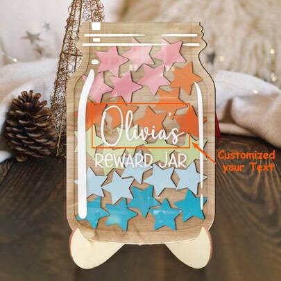 1 Set, Tarros de estrella de recompensa personalizados de madera y acrílico con 30 accesorios decorativos - Nombre personalizable - Regalo positivo para el hogar, el aula, la decoración de la oficina - Adecuado para bodas, cumpleaños, housewarming, Navidad, Año Nuevo, Día de la Madre