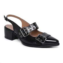 Women's Pointed Toe Slingback Pumps Shoes With Metal Buckles And Eyelets Low Heel Elegance And Comfort - 黑色 - 查看 2