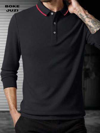 Manfinity Men's Solid Color Button Front Casual Long Sleeve Polo Shirt
