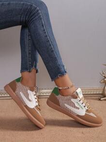 Giày thể thao nữ thường ngày, Giày thể thao đế bằng buộc dây thời trang mới, Giày chạy bộ phong cách thể thao đa năng cho học sinh, Giày tập thể dục thoáng khí - màu nâu - Xem 5