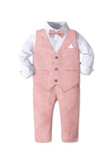 4pcs/Set Young Boy New White Shirt, Green Vest, Pants, Bow Tie Children's Suit, Back To School Outfit, Holiday Formal Wear - Pink - View 3