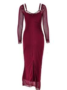 Vestido Longo de Festa Sexy Feminino de Manga Longa com Renda e Contraste em Tela, com Costas Abertas e Ajustado, com Fenda, para Festa, Coquetel, Baile de Formatura, Aniversário, Dia dos Namorados, Casamento, Formatura, Jantar, Homecoming