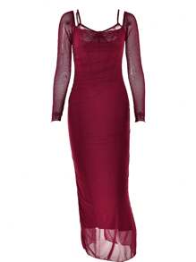 Vestido Longo de Festa Sexy Feminino de Manga Longa com Renda e Contraste em Tela, com Costas Abertas e Ajustado, com Fenda, para Festa, Coquetel, Baile de Formatura, Aniversário, Dia dos Namorados, Casamento, Formatura, Jantar, Homecoming