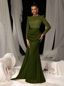 Faeriesty Elegant Sequin Mermaid Evening Gown With Floor-Length Satin Skirt | Luxurious Elegant Formal Design | Perfect For Weddings, Galas, Red-Carpet Events, And Formal Dinners​ - Army Green - View 4