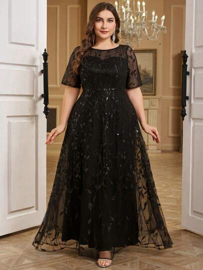  UNITHORSE 加大码时尚圆领亮片刺绣拼布喇叭裙，黑色优雅正式晚礼服，适合婚礼宾客、毕业典礼、晚宴派对礼服、新娘礼服、生日女士服装