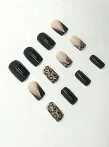 24 piezas de uñas postizas cuadradas con estampado de leopardo negro estilo europeo y americano, adecuadas para bodas, fiestas, sesiones de fotos + gel de uñas + lima de uñas - Negro - Ver 2