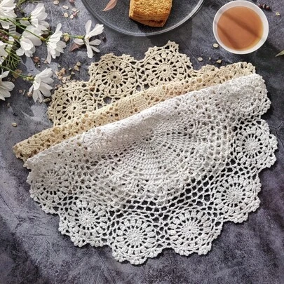 Round Doilies Table Placemats Crochet Handmade Lace Placemat Knitted Coasters Hollow Out Doily Heatproof Table Decor 16in Beige/White