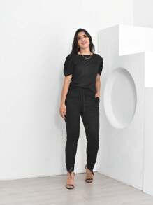 Suede Set With Pleated Princess Sleeve Blouse And High Waist Skinny Pants With Pocket - 黑色 - 查看 1