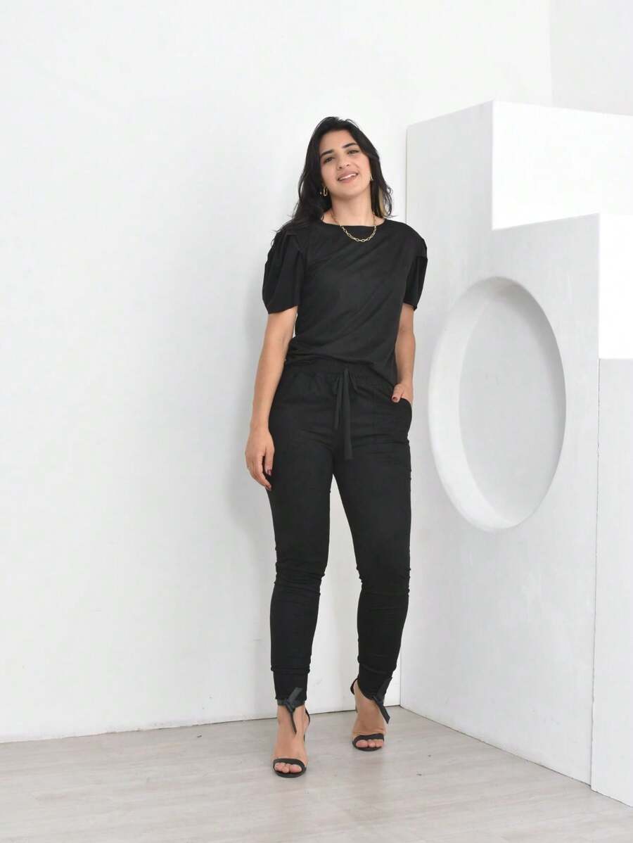 Suede Set With Pleated Princess Sleeve Blouse And High Waist Skinny Pants With Pocket - 黑色 - 查看 1