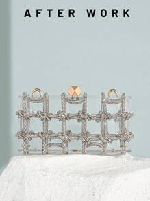 欧美时尚女士亚克力盒包，奢华水晶链点缀方形盒手拿包，派对手提包适合各种聚会、派对、生日派对 - 無色 - 查看 3