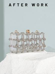 欧美时尚女士亚克力盒包，奢华水晶链点缀方形盒手拿包，派对手提包适合各种聚会、派对、生日派对 - 無色 - 查看 2