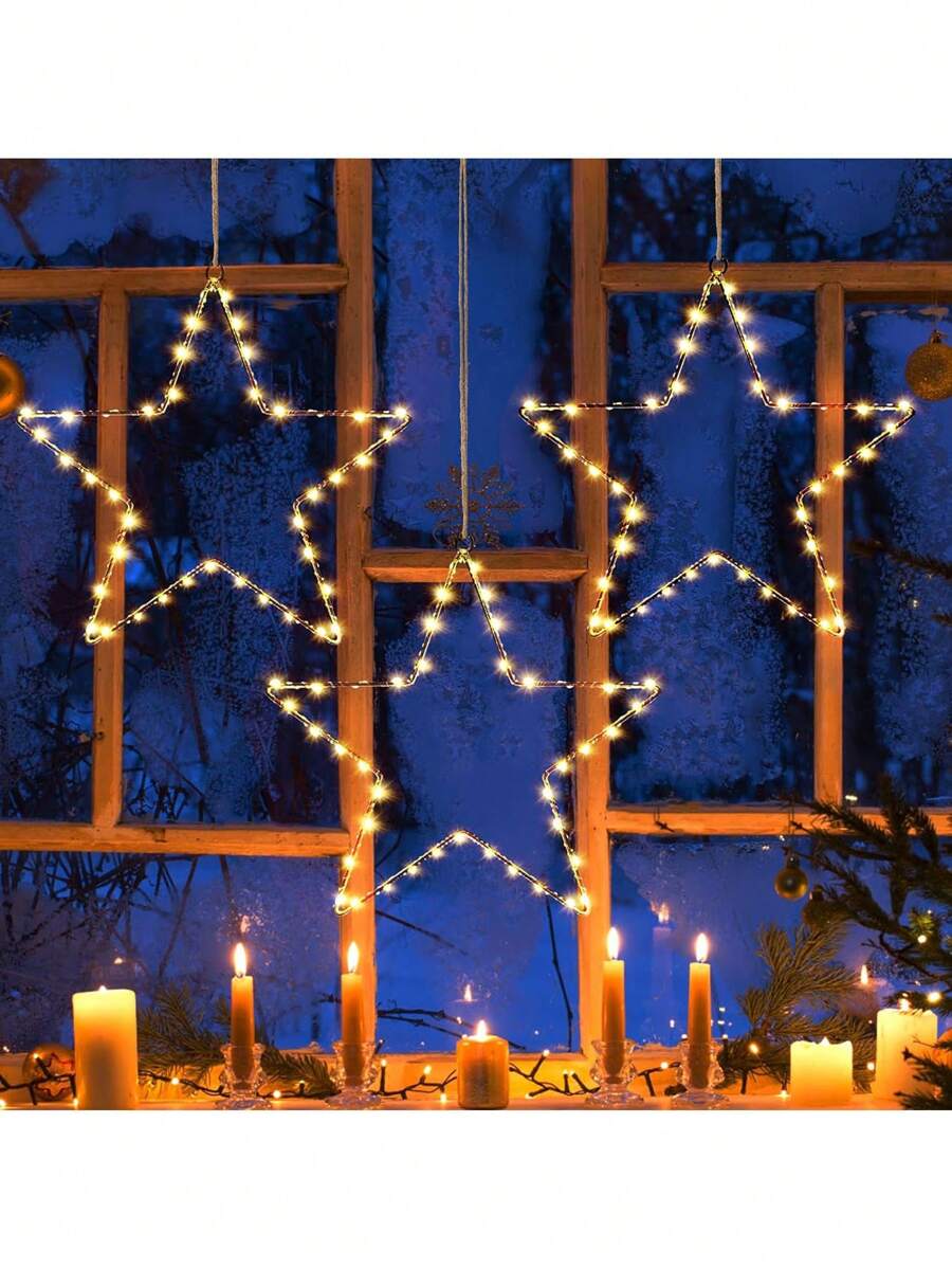 1pc Romantic Golden Iron Ring 5-Pointed Star Copper Wire Light, Battery Powered LED Copper Wire Light, Indoor & Outdoor Decor, Suitable For Hallway, Gazebo, Window, Bedroom, Living Room, Wedding, Birthday, Anniversary, Christmas - Warm white light - View 1