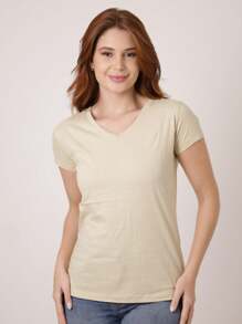 Kit Of 3 Women's Slim Babylook Cotton V-Neck Blouses - Black, Pink And White - Màu be - Xem 2