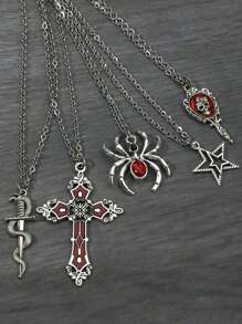 5 件/套 Y2K 复古哥特朋克摇滚风格水钻蜘蛛、十字架、星星、骷髅、蛇、新月镜吊坠项链，不锈钢链条，波西米亚风、嘻哈风、个性化首饰套装 - 銀色 - 查看 3