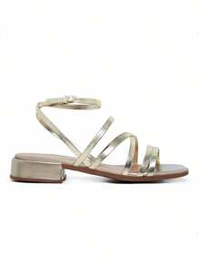 Women's Party Flat Sandal Low Square Heel With Straps Basic Comfortable Elegant Adjustable Ankle Closure Low Heel Soft Sole Lightweight - 金色 - 查看 3