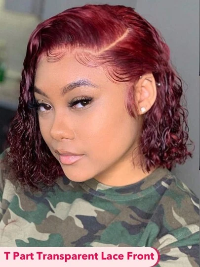 酒红色波波头蕾丝前假发，真人发，侧分蕾丝前额短卷波波头假发，预先拔毛的巴西雷米发假发，180%密度，16英寸