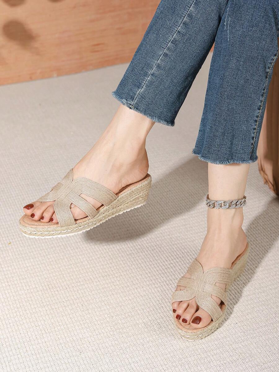 Giày sandal đế xuồng thêu dệt dày mới cho nữ, giày cao gót thời trang thường ngày, giày sandal xỏ ngón đi nghỉ - Màu be - Xem 1