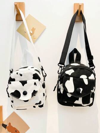 1pc New Cow Print Canvas Shoulder Bag Zipper Open And Close Fashion All Mini Crossbody Bag Large Capacity Light, Adjustable Shoulder With Independent Side Pocket, Large Capacity, Wear-Resistant, Suitable For School Daily Life