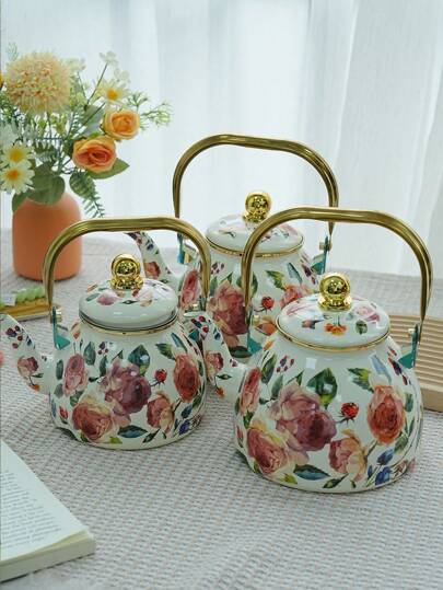 1 套玫瑰珐琅茶壶、珐琅杯，多功能珐琅锅具，用于烧水、煮牛奶、煲汤，适用于电磁炉和燃气灶，是馈赠亲朋好友的佳品