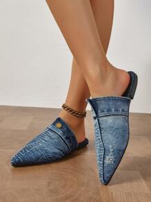 Giày đế xuồng đế xuồng thường ngày cỡ lớn cho nữ, kiểu dáng độc đáo kiểu Pháp, thiết kế khối màu giặt nước thời trang Hàn Quốc mới - Màu xanh lam - Xem 5