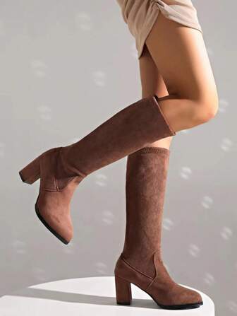 女士过膝长靴，弹力仿麂皮修身过膝时尚高跟长靴