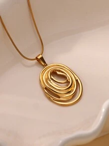 1件装时尚几何椭圆项链，女士不锈钢18K镀金椭圆吊坠项链，派对婚礼首饰礼品 - 彩色 - 查看 4