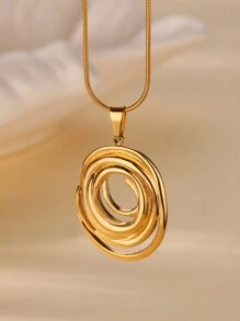 1件装时尚几何椭圆项链，女士不锈钢18K镀金椭圆吊坠项链，派对婚礼首饰礼品 - 彩色 - 查看 2