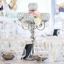 5-Arm Golden/Silvery Crystal Candelabra, 22.5-Inch Tall Wedding Centerpiece, Tabletop Candle Holder For Wedding Decor, Birthday Parties, Festive Celebrations, Living & Dining Room Decor