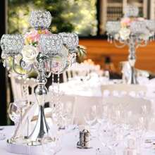 5-Arm Golden/Silvery Crystal Candelabra, 22.5-Inch Tall Wedding Centerpiece, Tabletop Candle Holder For Wedding Decor, Birthday Parties, Festive Celebrations, Living & Dining Room Decor