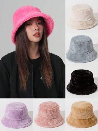 1pc Solid Color Plush Bucket Hat For Fall, Soft & Warm Beanie Cap For Couples' Casual, Outdoor Activities, Etc. Winter Fall Winter Outfits